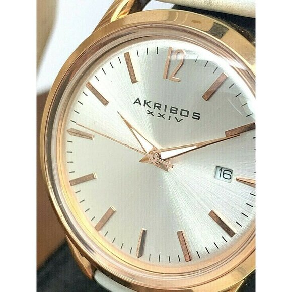 Akribos XXIV Women\'s Watch AK921 Quartz Rose Gold Silver Dial White Leather Band main image 12